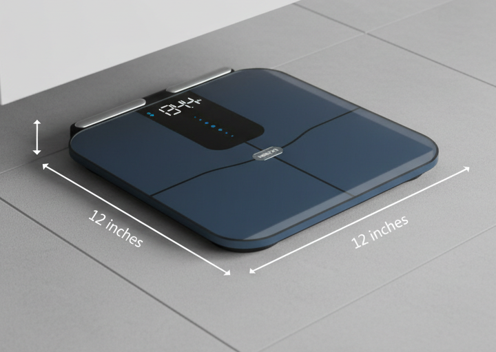Herz P1 Smart Scale Size Guide showing 12x12 inch dimensions and slim profile